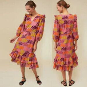 Warm Tropical Floral Dress Women's Size 1 (US Small) Mauve Orange Ruffled Midi